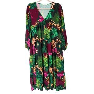 Ottod’Ame Italy Floral Midi Dress Womens M Green Botanical Tiered Boho Oversized